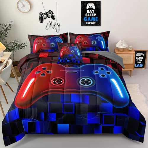 6 Pieces Kids Full Size Gaming Comforter Set, Red Blue Game Controller Bedding Set for Boys Girls Teens, Soft Microfiber Bed in a Bag with Sheets, All Season Washable Gamer Room Decor Full51