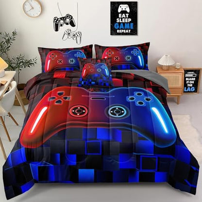 6 Pieces Kids Full Size Gaming Comforter Set, Red Blue Game Controller Bedding Set for Boys Girls Teens, Soft Microfiber Bed in a Bag with Sheets, All Season Washable Gamer Room Decor Full51