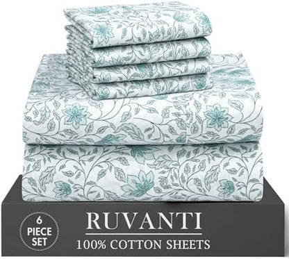 RUVANTI 100% Cotton Queen Sheets, Percale Queen Sheet Set, Wildflower Nest