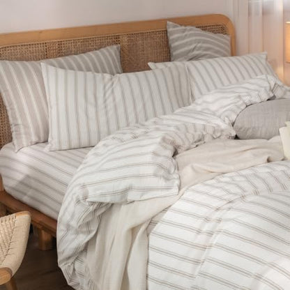 BESTOUCH Striped Cotton Duvet Cover Set Linen Feel Twin