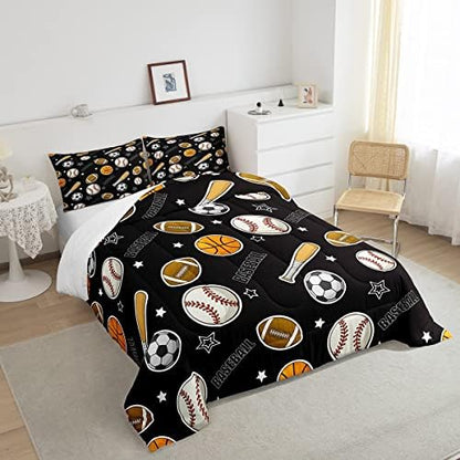 Baseball Football Bedding Set Queen Size Kids Ball Games Sports Comforter Set 3pcs Cartoon Rugby Star Bat Pattern Quilt Set for Teens Boys Men Room Decor Black Duvet Insert,2 Pillowcases