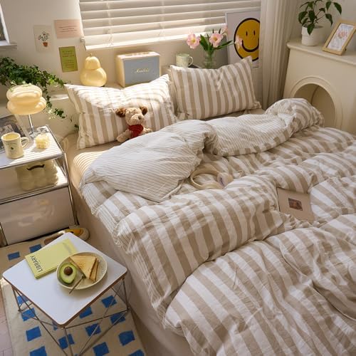VM VOUGEMARKET Khaki Striped Duvet Cover Set Queen Teens Boys Girls Dorm Bedding Set Soft Lightweight Reversible Microfiber Farmhouse Duvet/Quilt Cover-90 x90,Khaki White