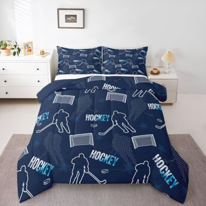 Ice Hockey Player Comforter Set Full Size,Modern Minimalist Trendy Sport Bedding Sets 3Pcs for Kids Girls Boys Youth Room Decor,Navy Blue Down Comforter Athlete Silhouette Quilted Duvet,2 Pillowcases