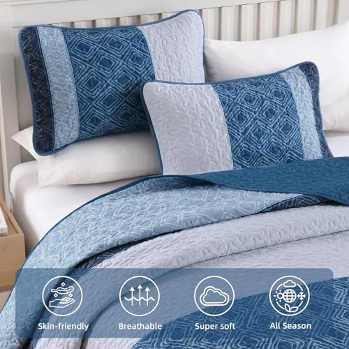 Cottolester Navy Blue Full Quilt Set,Striped Plaid Bedspread Coverlet Set