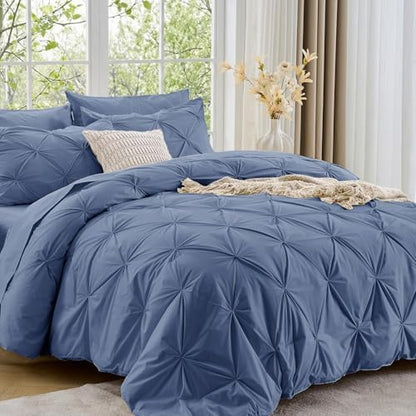 Sasttie Twin Comforter Set, 5-Piece Bed in a Bag, Pintuck Bedding Sets for All Season, Includes Comforter, Flat Sheet, Fitted Sheet, Pillowcase and Pillowsham, Slate Blue