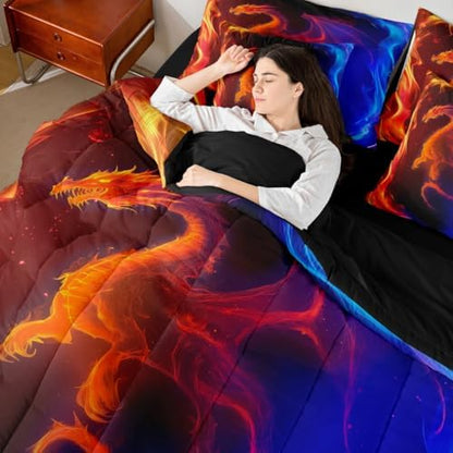 Erosebridal Dragon 7 Piece Bedding Set King Nebula Comforter Set with Sheets Mysterious Outer Space Bed in A Bag Red Blue Ombre Bed Sets with 2 Pillowcases, 2 Throw Pillow Covers