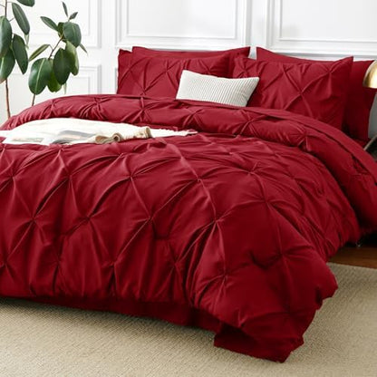 CozyLux Full Size Comforter Sets Dark Red, 7 Pieces Pintuck Bed in a Bag