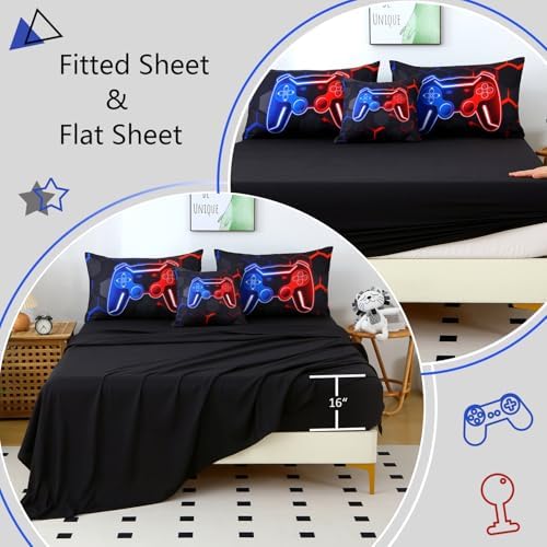 Game Console Boys Queen Comforter Set, 6-Piece Gamer Bed in A Bag, Blue and Red Gaming Bedding Set for Kids, 3D Gamepad Bedroom Decor Teen Boy Comforter Set with Sheets (Blue Red, Queen)