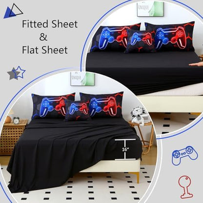 6 Pieces Full Size Kids Comforer Set for Boys Blue and Red Gaming Bedding Set 3D Honeycomb Gamer Bed in a Bag Game Console Printed Teen Boy Bed Comforter Sheet Set (Blue Red, Full)