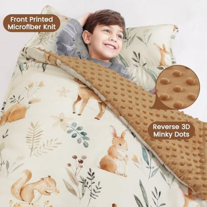 PHF Toddler Nap Mat with Removable Pillow and Minky Blanket, Rollup Design Kids Sleeping Mat Slumber Bags, 50"x20" Toddler Sleeping Bag for Daycare Preschool Travel Camping, Woodland & Animal