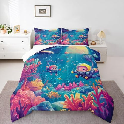 Homewish Underwater World Bedding Set Queen Size,Cartoon Submarine Comforter Set 3Pcs for Kids Girls Boys Teens Room Decor,Colorful Coral Fish Quilt Set Dreamy Ocean Duvet Insert,2 Pillowcases