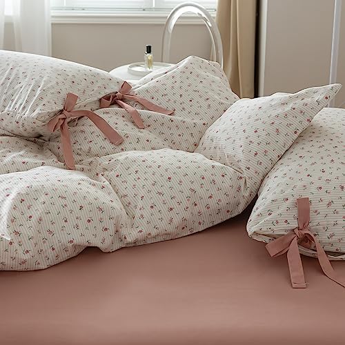 mixinni White Flower Pattern Duvet Cover Full Pink Floral Stripes Duvet Cover Set 100% Cotton Bedding Set with Zipper Ties Bow Tie Pillowcases, Easy Care, Ultra Soft and Breathable-Full Size