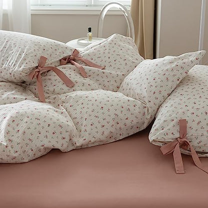mixinni White Flower Pattern Duvet Cover Full Pink Floral Stripes Duvet Cover Set 100% Cotton Bedding Set with Zipper Ties Bow Tie Pillowcases, Easy Care, Ultra Soft and Breathable-Full Size