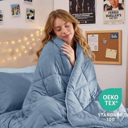 MUXHOMO 5 Pieces Twin XL Comforter Set, Reversible Bed in a Bag Twin XL Size, All Season Bedding Set with Comforter, Flat Sheet, Fitted Sheet, Pillowcases & Shams, Mineral Blue & Light Blue