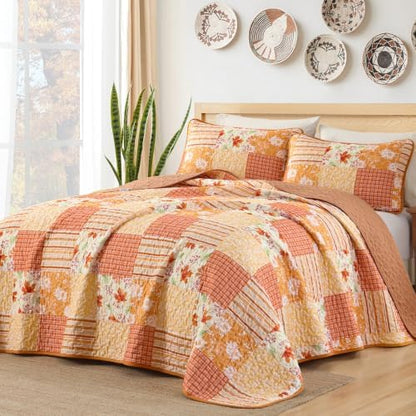 Mybedsoul King Size Quilt, Patchwork Floral Fall Bedding Set, Orange