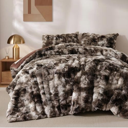 Smoofy Fluffy Faux Rabbit Fur Bubble Comforter Queen Size - Tie Dye Coffee