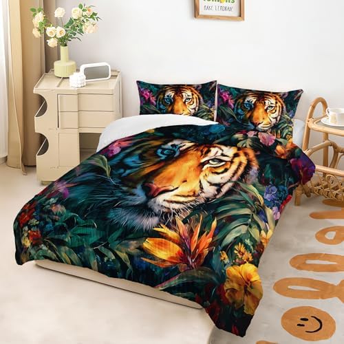 3Pcs Tiger Comforter Set Full Size Plants Colorful Flowers Print Bedding Set,3D Wild Animals Comforter Set for Kids Boys Girls Room Decor,Wildlife Theme Bedding Set
