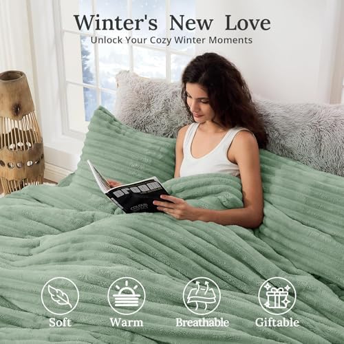 Sasttie Fluffy Twin/Twin XL Comforter Set, 2 PC Soft Fleece Bedding, Sage