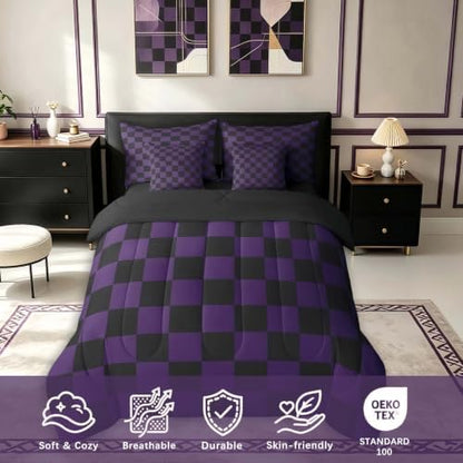 Feelyou Checkered Twin Comforter Set with Sheets for Kids Boys Girls Purple Black Plaid 7 Pieces Bedding Set Cute Retro Neutral Checkerboard Geometric Bed in a Bag Vintage Aesthetic Room Decor Soft