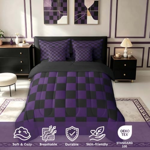 Feelyou Checkered Full Comforter Set with Sheets for Kids Boys Girls Purple Black Plaid 7 Pieces Bedding Set Cute Retro Neutral Checkerboard Geometric Bed in a Bag Vintage Aesthetic Room Decor Soft