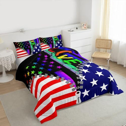 Erosebridal American Flag Bedding Set Rainbow Pride Comforter Set Full Size for Teens Adult Women Bedroom, USA Federations Stars Stripes Down Comforter Kids Unique Zipper Design Bedding