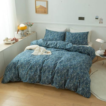 Blue Floral Duvet Cover Queen Vintage Flower Pattern Duvet Cover 100% Cotton Garden Style Comforter Cover Chic Botanical Floral Bedding Sets for Girls Women 1 Queen Duvet Cover with 2 Pillowcases