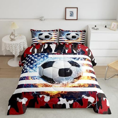Erosebridal Football Comforter Set, Teens American Flag Down Comforter Full, Camouflage Soccer Bedding Set for Kids Boys Young Men Bedroom Decor, Sports Games USA Federations Stars Quilted Duvet