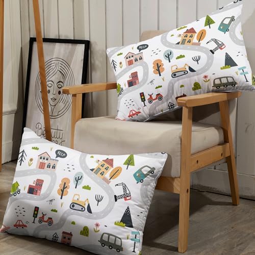 AILONEN Cartoon Car Fitted Sheet Set Twin XL Size, Construction Bedding Cute Little Town Map Print Bed Sheet Set,Cartoon Truck Childish Bed Sheet Set 3 Pieces, 1 Fitted Sheet and 2 Pillowcases
