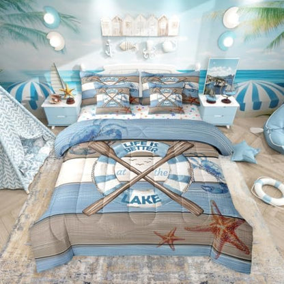 Erosebridal Lake Life Bedding Set for Kids Teens,Hawaii Boat Paddle Comforter Set Queen Size,Crab Starfish (Comforter+Fitted+Flat Sheet+2 Pillowcases+2 Throw Pillow Covers) 7 Pieces Bed Set