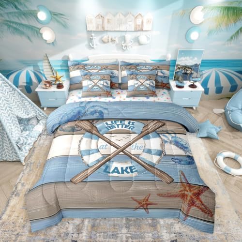 Erosebridal Lake Life Bedding Set for Kids Teens,Hawaii Boat Paddle Comforter Set King Size,Crab Starfish (Comforter+Fitted+Flat Sheet+2 Pillowcases+2 Throw Pillow Covers) 7 Pieces Bed Set