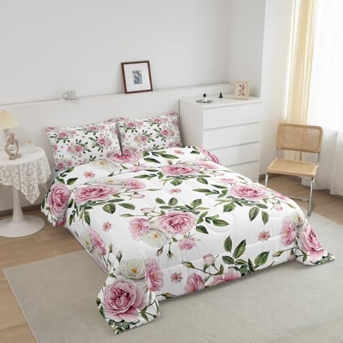 jejeloiu Pink Rose Comforter Set Toddler Size Kids Vintage Floral Flower Bedding Set Boys Girls Botanical Green Leaves Duvet Breathable Blossom Plant Quilt Bedroom Decor,1 Comforter with 1 Pillowcase
