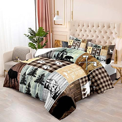 LUVIVIHOME 3PCS Farmhouse Comforter Set King, Black Bear Deer Elk Moose Woodland Forest Animals Wildlife Hunting Vintage Brown Plaid Patchwork Lodge Country Rustic Cabin Bedding Quilt, 2 Pillow Shams