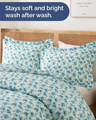 Duvet Cover King Size - Soft Floral Duvet Cover - 3 Piece - Blue Peony