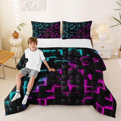 Erosebridal Geometric Checkered Comforter Set King Neon Teal Purple Bedding Set for Kids Boys Teen Men Gamer Room Decor,Abstract Ombre Plaid Comforter Grids Quilt Duvet Black