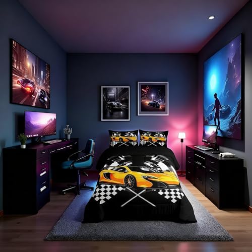 Yellow Race Car Comforter Set Queen Size, Black and White Grid Quilt Set Extreme Sport Games Bedding Comforters 3pcs for Kids Teens Boys Room Decor,Soft Modern Duvet Set with 2 Pillowcases
