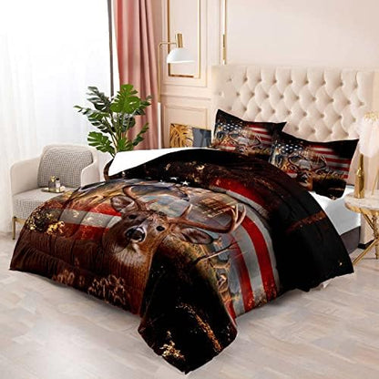 LUVIVIHOME 2PCS Hunting Deer Comforter Set, Camo Comforter, Twin Bed Set, Patriotic American Flag Hunter Woodland Forest Animal Elk Moose Wildlife Cabin Country Rustic Bedding Quilt, 1 Pillow Sham