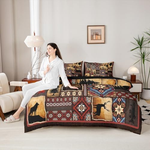 Erosebridal 7 Piece Rustic Cabin Plaid Comforter Set Full,Rustic Farmhouse Aztec Bedding Sets for Kids Teens Men,Retro Hunting Wild Animals Bed in a Bag with Sheets,Country Woodland Pine Tree Bed Set