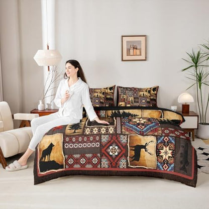 Erosebridal 7 Piece Rustic Cabin Plaid Comforter Set Full,Rustic Farmhouse Aztec Bedding Sets for Kids Teens Men,Retro Hunting Wild Animals Bed in a Bag with Sheets,Country Woodland Pine Tree Bed Set