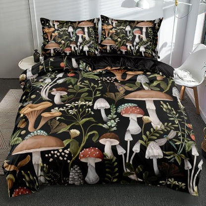 Full Size Botanical Mushroom Pattern Comforter Cover with Pillowcases – Deep Brown Tropical Floral Bedding for Boys & Girls Room