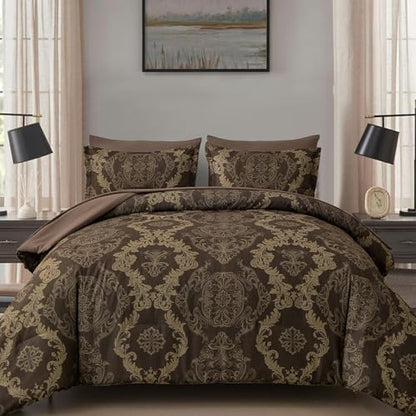 WONGS BEDDING Damask Comforter Set King Size, Coffee Gold Texture Design 7 Pcs Bed in a Bag Microfiber Comforter Bedding Sets -1 Comforter, 1 Flat Sheet, 1 Fitted Sheet, 2 Pillow Shams,2 Pillowcases