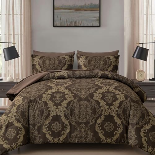 WONGS BEDDING Damask Comforter Set Queen Size, Coffee Gold Texture Design 7 Pcs Bed in a Bag Microfiber Comforter Bedding Sets -1 Comforter, 1 Flat Sheet, 1 Fitted Sheet, 2 Pillow Shams, 2 Pillowcases