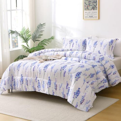 Mooreeke Queen Size Comforter Sets, Lavender Flower Cluster Patterned Bedding for All Seasons, 3-Piece Vintage Bed in a Bag with Fluffy Quilted Reversible Comforter & 2 Pillow Shams