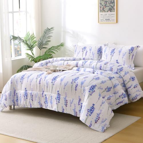 Mooreeke King Size Comforter Sets, Lavender Flower Cluster Patterned Bedding for All Seasons, 3-Piece Vintage Bed in a Bag with Fluffy Quilted Reversible Comforter & 2 Pillow Shams