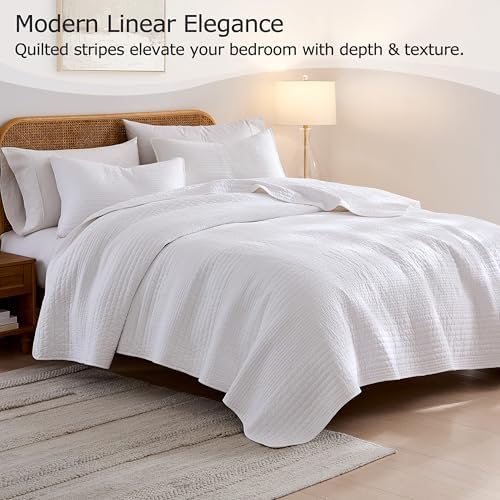 palassio Striped White 100% Cotton Quilt Twin Size Bedding Sets, Lightweight Crinkly Channel Pick Stitch Textured Bedspread Soft Shabby Chic Farmhouse Country Coverlet for All Season, 1 Sham