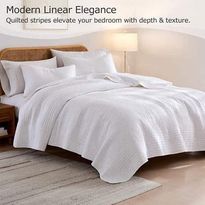 palassio Striped White 100% Cotton Quilt Queen Size Bedding Sets, Lightweight Crinkly Channel Pick Stitch Textured Bedspread Soft Shabby Chic Farmhouse Country Coverlet for All Season, 2 Shams