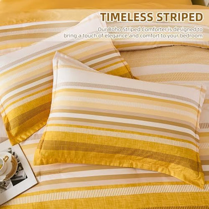 Dobuyly Yellow Comforter Set Queen Size 7 Piece, Boho Striped Bed in a Bag Queen Soft Microfiber Bedding Sets with Comforter, Sheets, Pillowcases & Shams All Season