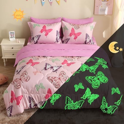 Pink Girls Butterfly Bedding Comforter Set Twin Size 7 Piece Glow in The Dark Butterfly Comforter with Sheets & Pillowcases Soft Microfiber Bed in A Bag for Kids Teens All Season
