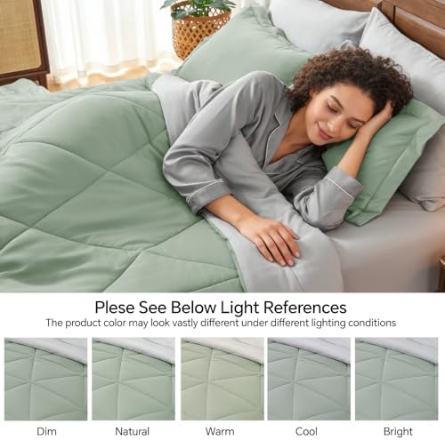 BEDELITE King Comforter Set 7 Pieces, Reversible Sage Green Bed in A Bag