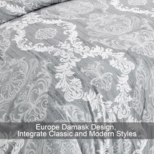 WONGS BEDDING Grey Comforter Set King Size Damask Texture 7 Pieces Gray Bed in a Bag Soft Microfiber Boho Comforter Bedding Sheet Set Comforter Flat Sheet Fitted Sheet Pillow Shams Pillowcases