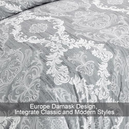 WONGS BEDDING Grey Comforter Set King Size Damask Texture 7 Pieces Gray Bed in a Bag Soft Microfiber Boho Comforter Bedding Sheet Set Comforter Flat Sheet Fitted Sheet Pillow Shams Pillowcases